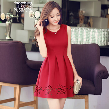 普詩(shī)曼（PUSIMERN） 純色 鏤空 連衣裙