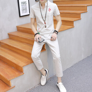 富貴鳥(niǎo)（FUGUNIAO） 短袖 男士T恤 短袖米色+九分褲 XL，L，M，XXL，XXXL，加大