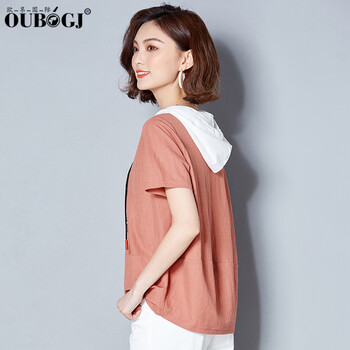 OUBOGJ 綁帶，印花 短袖 T恤 女 連帽