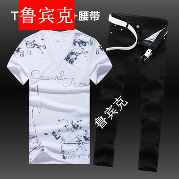 魯賓克 短袖 男士T恤 潑墨白/黑褲 S，XL，L，M，XXL，XXXL
