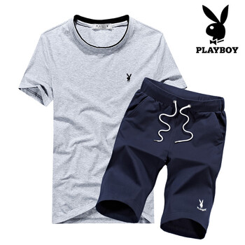 花花公子（PLAYBOY） 短袖 男士T恤 1826灰色上衣+藍色短褲 