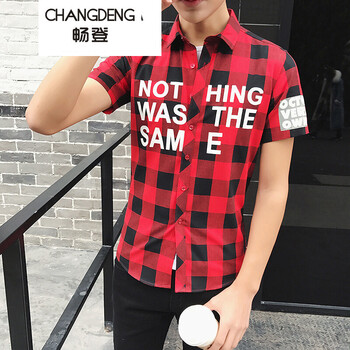 暢登（CHANGDENG） 短袖 男士T恤 紅黑格子 
