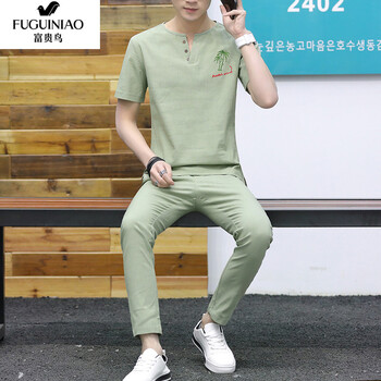 富貴鳥（FUGUNIAO） 短袖 男士T恤 軍綠+長褲 XL，L，XXL，M，XXXL