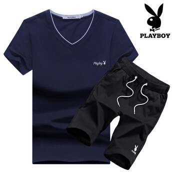 花花公子（PLAYBOY） 短袖 男士T恤 藍(lán)色上衣+黑色五分褲 XL