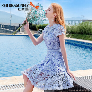 紅蜻蜓（RED DRAGONFLY） 大花，植物花卉，純色 鏤空，立體裝飾 連衣裙