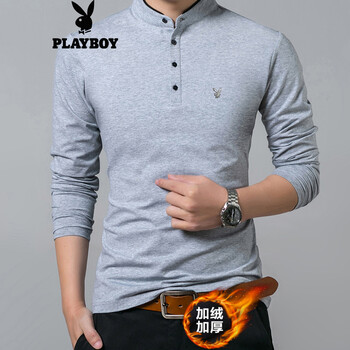 花花公子（PLAYBOY） 長(zhǎng)袖 男士T恤 灰色可加絨 
