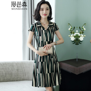 漫芭森（MANBASEN） 條紋，格子，圓點(diǎn) 條紋，拼接，撞色，紐扣，波點(diǎn)，印花 連衣裙