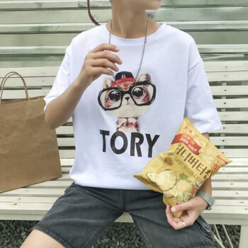 美倫可兒 五分袖 男士T恤 白 眼鏡貓 