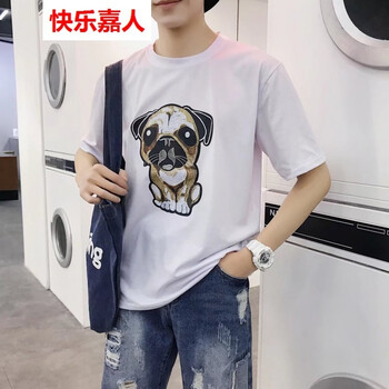 快樂嘉人 短袖 男士T恤 大狗五分袖白色 