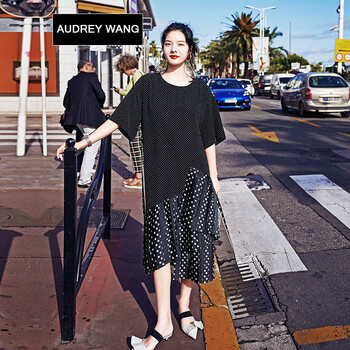 AUDREYWANG 圓點(diǎn) 拼接，波點(diǎn) 連衣裙