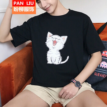 西牧子 七分袖 男士T恤 小貓五分 黑色 S，XL，L，XXL，M
