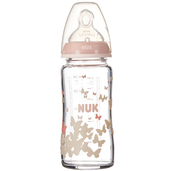 NUK宽口径玻璃奶瓶婴儿宝宝奶瓶240ml配防胀气硅胶奶嘴(6个月以上中圆孔)粉色