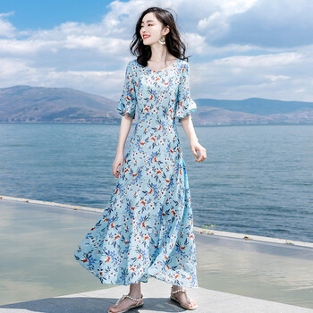 西子美麗心情 大花 荷葉邊 連衣裙