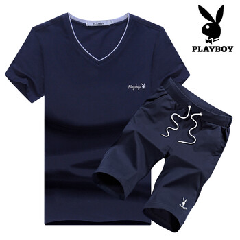 花花公子（PLAYBOY） 短袖 男士T恤 1828藍色上衣+藍色五分褲 