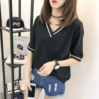 曼如芬 條紋 短袖 T恤 女 V領(lǐng)