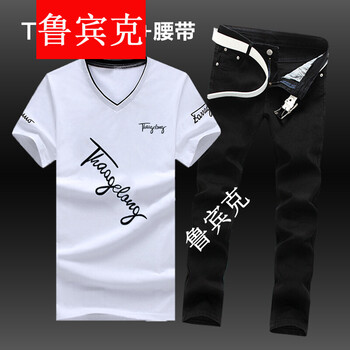 魯賓克 短袖 男士T恤 斜字母白/黑褲 S，XL，L，XXXL，XXL，M