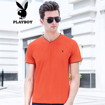 花花公子（PLAYBOY） 短袖 男士T恤 桔色（V領） L