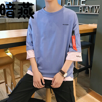 暗燕 五分袖 男士T恤 藍色 S