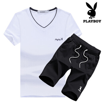 花花公子（PLAYBOY） 短袖 男士T恤 1828白色上衣+黑色五分褲 