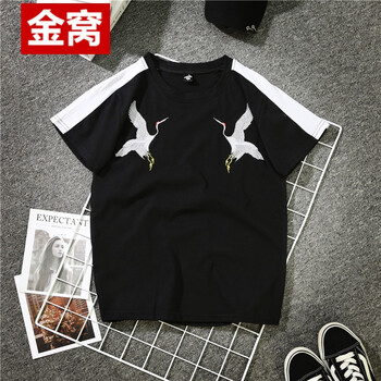 罕都（HANDU） 短袖 男士T恤 刺繡仙鶴黑色 S，XL，L，M