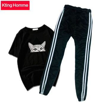 KtingHomme 短袖 男士T恤 三角貓短袖黑加2桿九分褲 S，XL，L，XXL，M