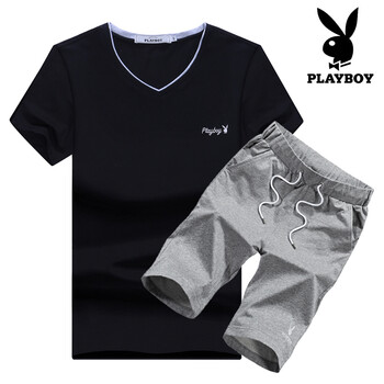 花花公子（PLAYBOY） 短袖 男士T恤 黑色上衣+灰色五分褲 XL