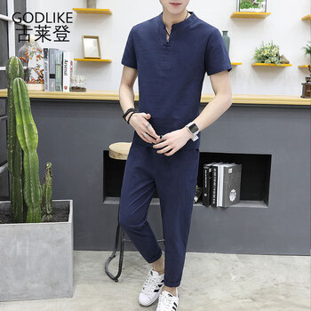 古萊登（GODLIKE） 短袖 男士T恤 M06九分褲+上衣-深藍色 