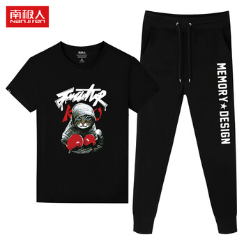 南極人（Nanjiren） 短袖 男士T恤 黑圓T/帽子貓-黑/薄收褲 