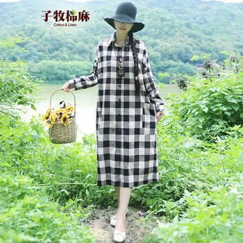 子牧棉麻  口袋，開(kāi)衩 連衣裙