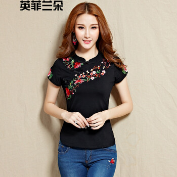 英菲蘭朵（YING FEI LAN DUO） 刺繡 短袖 T恤 女 立領(lǐng)