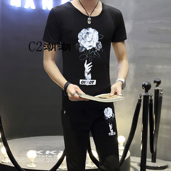 C2潮朝（C2 CHAO CHAO） 短袖 男士T恤 手中花上裝+下裝黑色 
