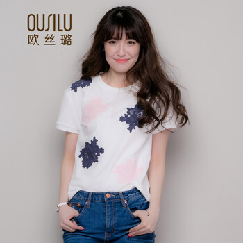 歐絲璐（OUSILU） 拼接 短袖 T恤 女 圓領