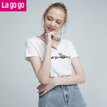 lagogo 刺繡 短袖 T恤 女 V領(lǐng)