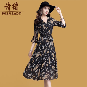 詩緒（POEMLADY） 創(chuàng)意趣味 綁帶，印花，蝴蝶結(jié) 連衣裙