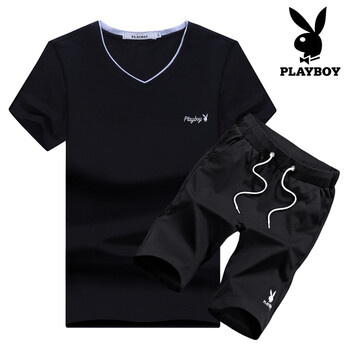 花花公子（PLAYBOY） 短袖 男士T恤 1828黑色上衣+黑色五分褲 