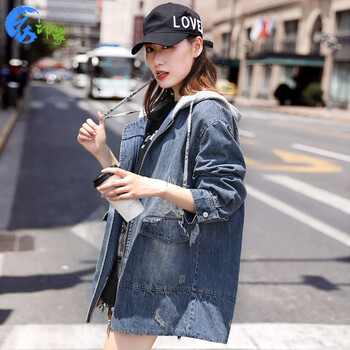 衣印象 連帽 長(zhǎng)袖 女 短外套 口袋，拼接，做舊，手工磨破