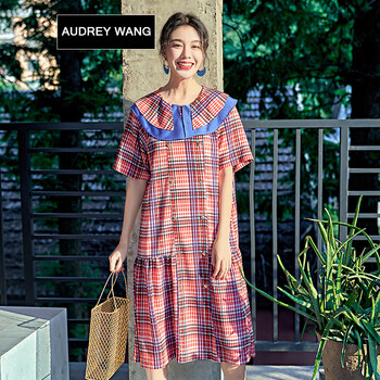 AUDREYWANG 格子 荷葉邊，拼接，拼色 連衣裙