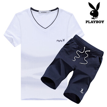 花花公子（PLAYBOY） 短袖 男士T恤 1828白色上衣+藍色五分褲 