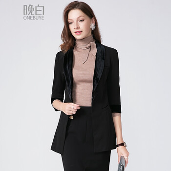 ONE BUYE 西裝領(lǐng) 七分袖 女 短外套 口袋，拼接