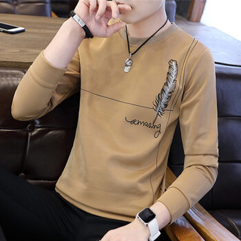 筱麥 長(cháng)袖 男士T恤 條紋羽毛咖啡色（常規款） 