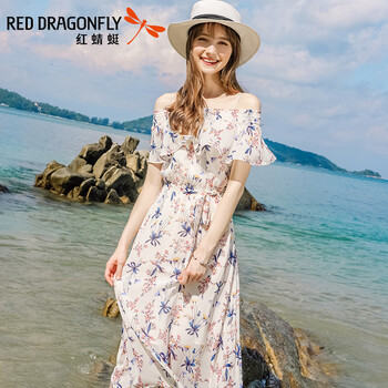 紅蜻蜓（RED DRAGONFLY） 植物花卉 荷葉邊，露肩，印花 連衣裙