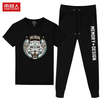 南極人（Nanjiren） 短袖 男士T恤 黑圓T/白虎-黑/薄收褲 