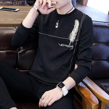 BOYXCO 長袖 男士T恤 條紋羽毛黑色長袖 XL，L，XXL，M，XXXL