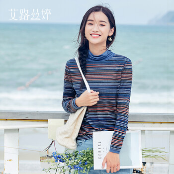 艾路絲婷 條紋，撞色 短袖 T恤 女 半高領(lǐng)