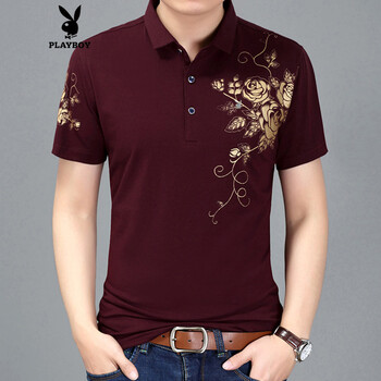 花花公子（PLAYBOY） 短袖 男士T恤 酒紅 XL，L，XXL，M，XXXL