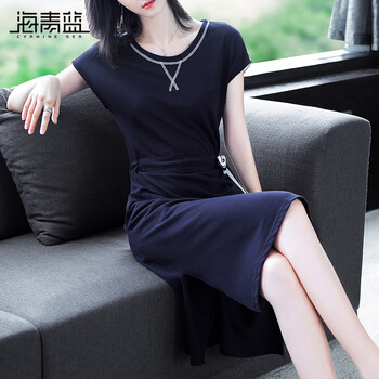海青藍(lán)（CYANINE SEA） 純色 拼接，綁帶 連衣裙
