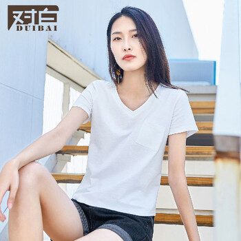 對白（DUIBAI） 口袋 短袖 T恤 女 V領(lǐng)