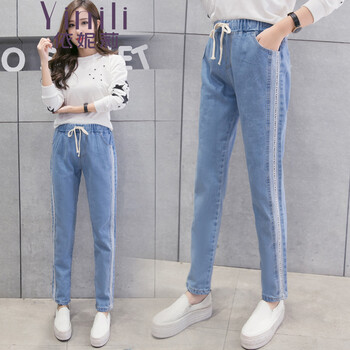 依妮莉（Yinili） 松緊腰 直筒褲 女 長(zhǎng)褲 牛仔褲