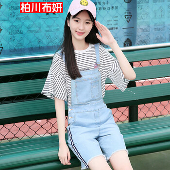 柏川布妍 中腰 背帶褲 女 七分褲 牛仔褲