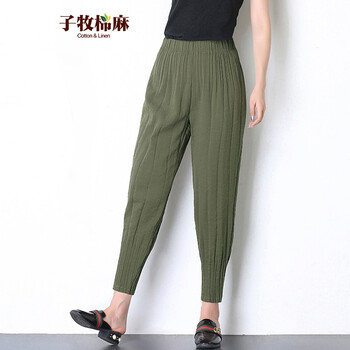 子牧棉麻 高腰 哈倫褲 女 九分褲 休閑褲